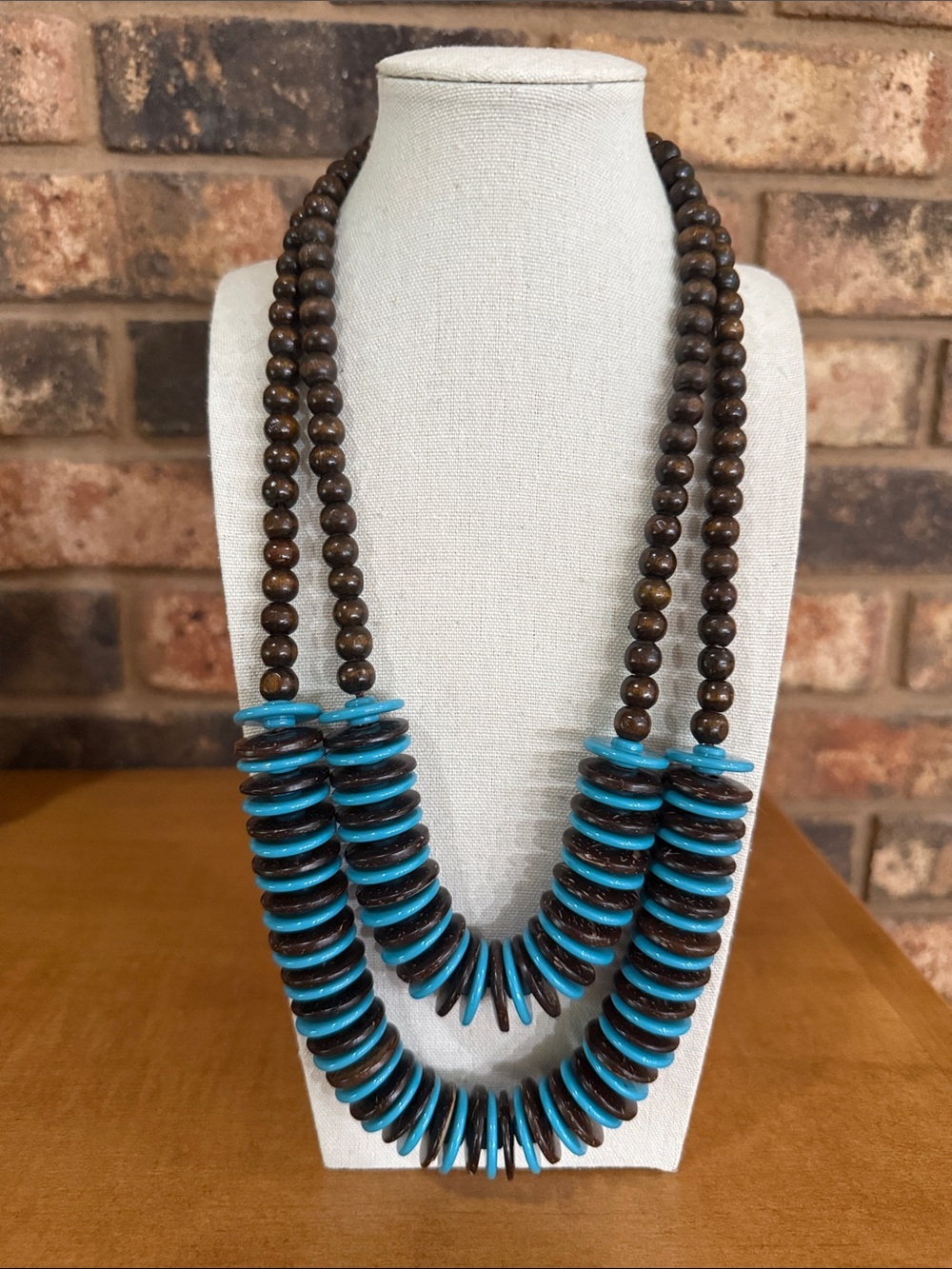 Double Strand Wood Beaded with Blue & Brown Center Disc beads Statement Necklace